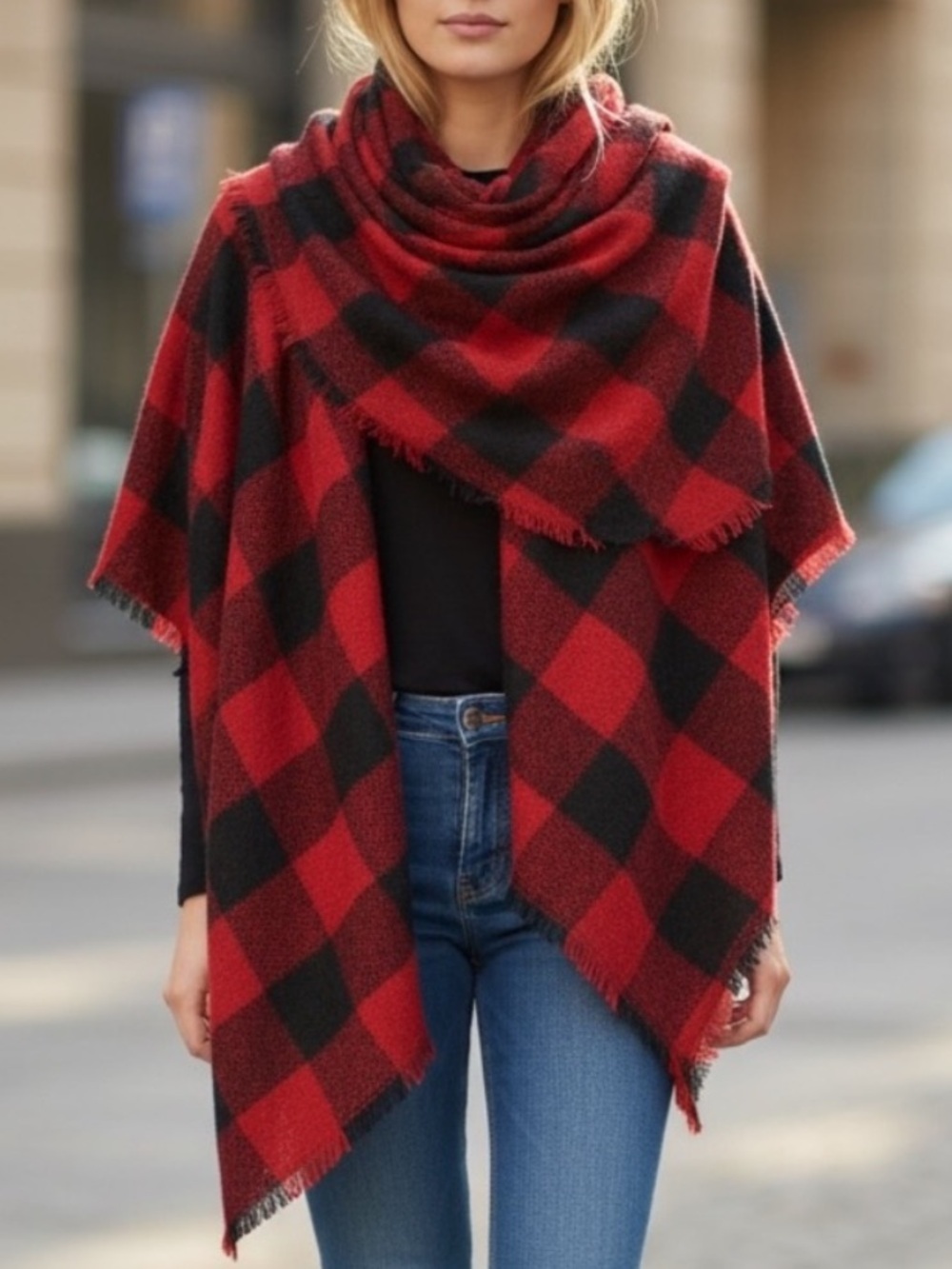 NEW• Peace By Piece Oversized Plaid Red and Black Women's Scarf